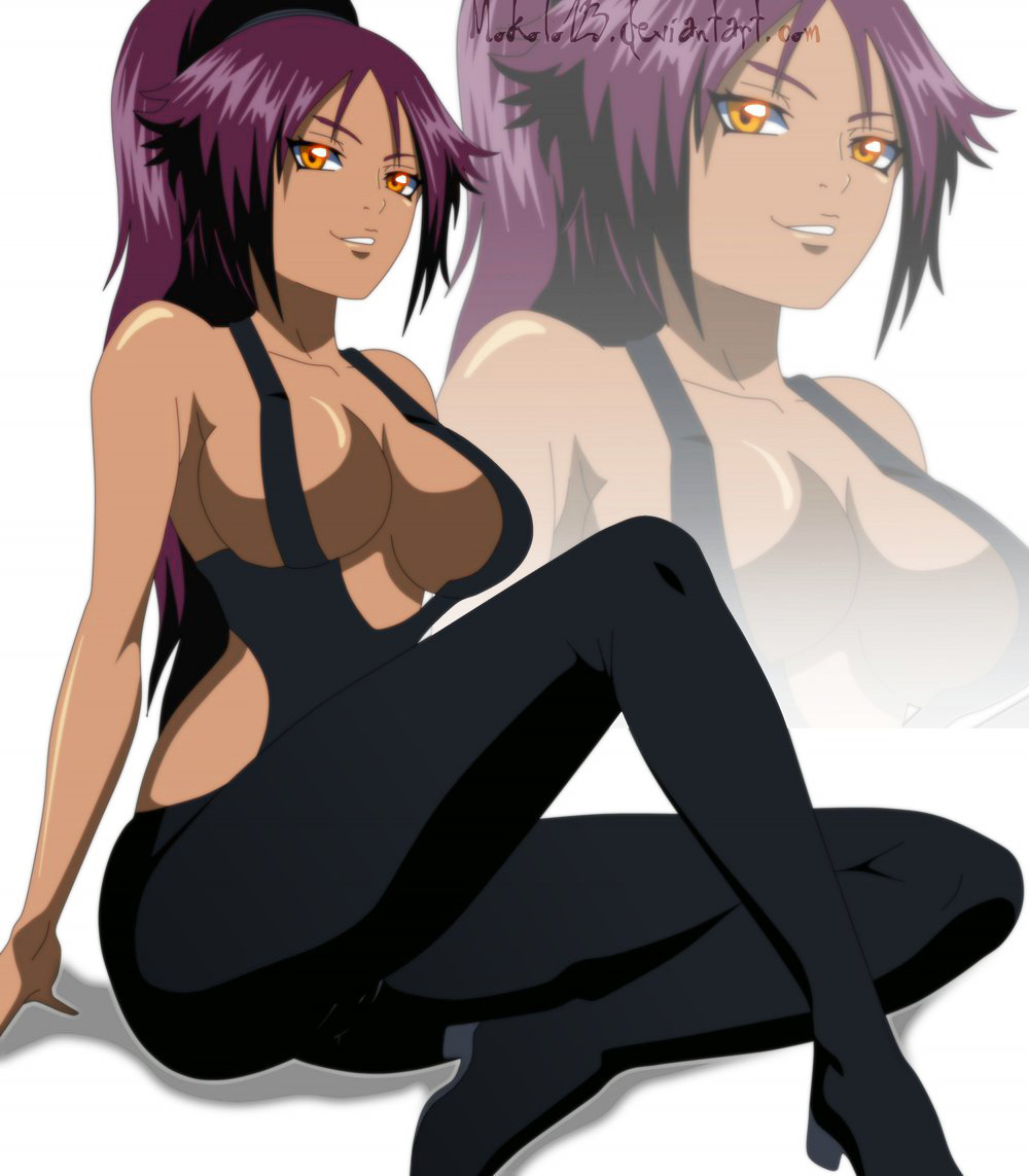 1girl bleach breasts dark_skin large_breasts mokolo123 purple_hair shihouin_yoruichi sitting solo