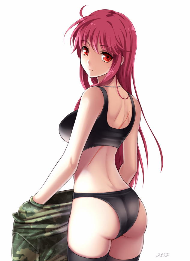 black_legwear black_panties camouflage dressing jewelry long_hair looking_back milcho necklace original panties red_eyes red_hair scar signature simple_background solo tank_top thighhighs underwear white_background