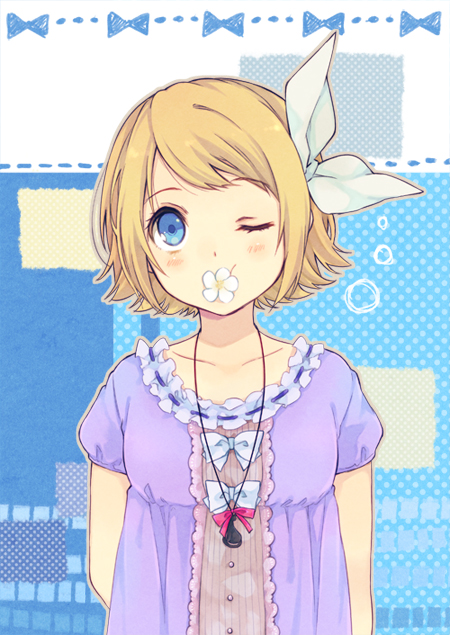 arms_behind_back bad_id bad_pixiv_id blonde_hair blue_eyes blush bow collarbone flower hair_bow jewelry kagamine_rin mouth_hold necklace one_eye_closed ousaka_nozomi short_hair solo vocaloid