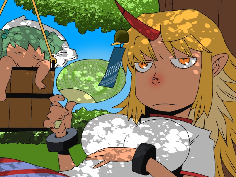 blonde_hair bucket dappled_sunlight fan green_hair horn hoshiguma_yuugi in_bucket in_container kisume long_hair multiple_girls onikobe_rin paper_fan short_hair sunlight touhou tree tree_shade uchiwa wind_chime yellow_eyes