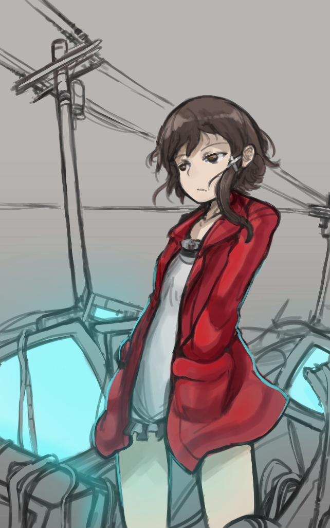 arceonn brown_eyes brown_hair chemise hair_ornament hairclip hands_in_pockets iwakura_lain jacket monitor nakamura_ryuutarou power_lines red_jacket screen_light serial_experiments_lain short_hair sidelocks skirt solo telephone_pole transformer