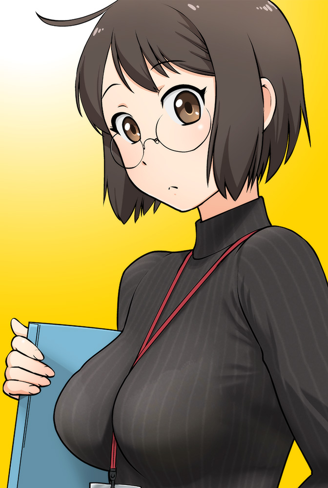 ahoge between_breasts black_hair blush book bra bracelet breasts brown_eyes glasses jewelry lanyard medium_breasts name_tag ribbed_sweater see-through servant_x_service short_hair solo sweater ueyama_michirou underwear yamagami_lucy yellow_background