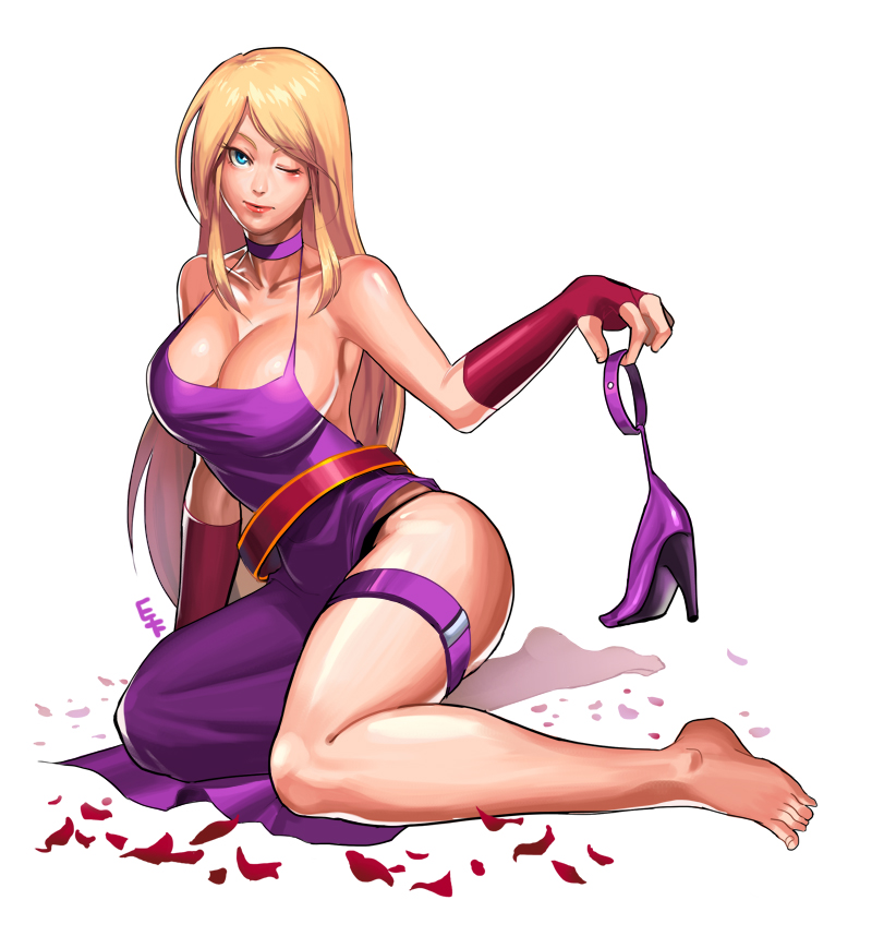 1girl blonde_hair bonne_jenet breasts captain-tot dress fatal_fury large_breasts legs mark_of_the_wolves snk solo white_background wink