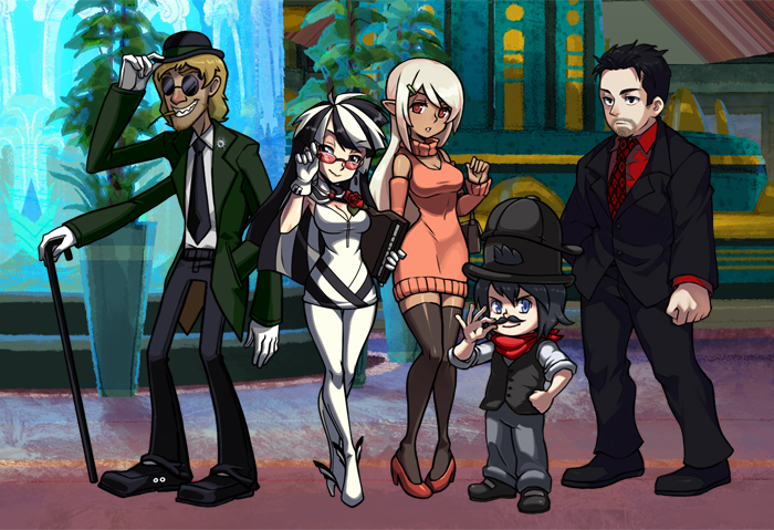 3boys adjusting_eyewear ankle_wings black_hair black_legwear boots breasts cane character_request cleavage crossed_legs dark_skin detached_sleeves dress facial_hair formal gloves goatee grin hair_ornament hairclip hand_in_pocket hand_on_hip hat_tip high_heels lab_zero_games long_hair looking_at_viewer medium_breasts multicolored_hair multiple_arms multiple_boys multiple_girls mustache necktie official_art original pigeon-toed pointy_ears red_eyes shoes silver_hair skullgirls smile standing stubble suit sunglasses sweater sweater_dress thigh_boots thighhighs touching_mustache turtleneck two-tone_hair watson_cross white_gloves white_hair white_legwear zettai_ryouiki
