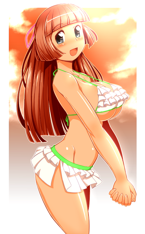 1girl bikini black_eyes breasts brown_hair female hair_ornament hair_ribbon huge_breasts long_hair mound_of_venus open_mouth original outdoors profile ribbon solo soubee1 standing summer sunset swimsuit tan