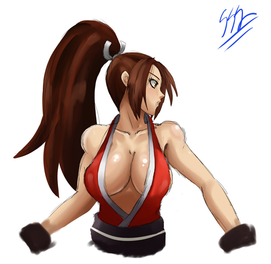 1girl breasts brown_hair eric_lowery fatal_fury king_of_fighters large_breasts ponytail shiranui_mai simple_background snk solo ss2sonic white_background
