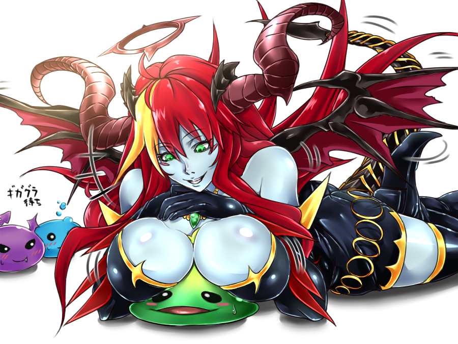 bare_shoulders black_legwear blue_skin blush boots breast_rest breasts demon_girl demon_tail green_eyes hera_(p&amp;d) horns jewelry large_breasts looking_at_viewer necklace puzzle_&amp;_dragons red_eyes smile sweatdrop tail thigh_boots thighhighs yamaneko