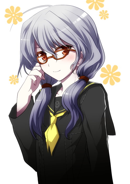 blush glasses grey_hair hair_over_shoulder izanami kamiyoshi_rika long_hair persona persona_4 school_uniform solo twintails