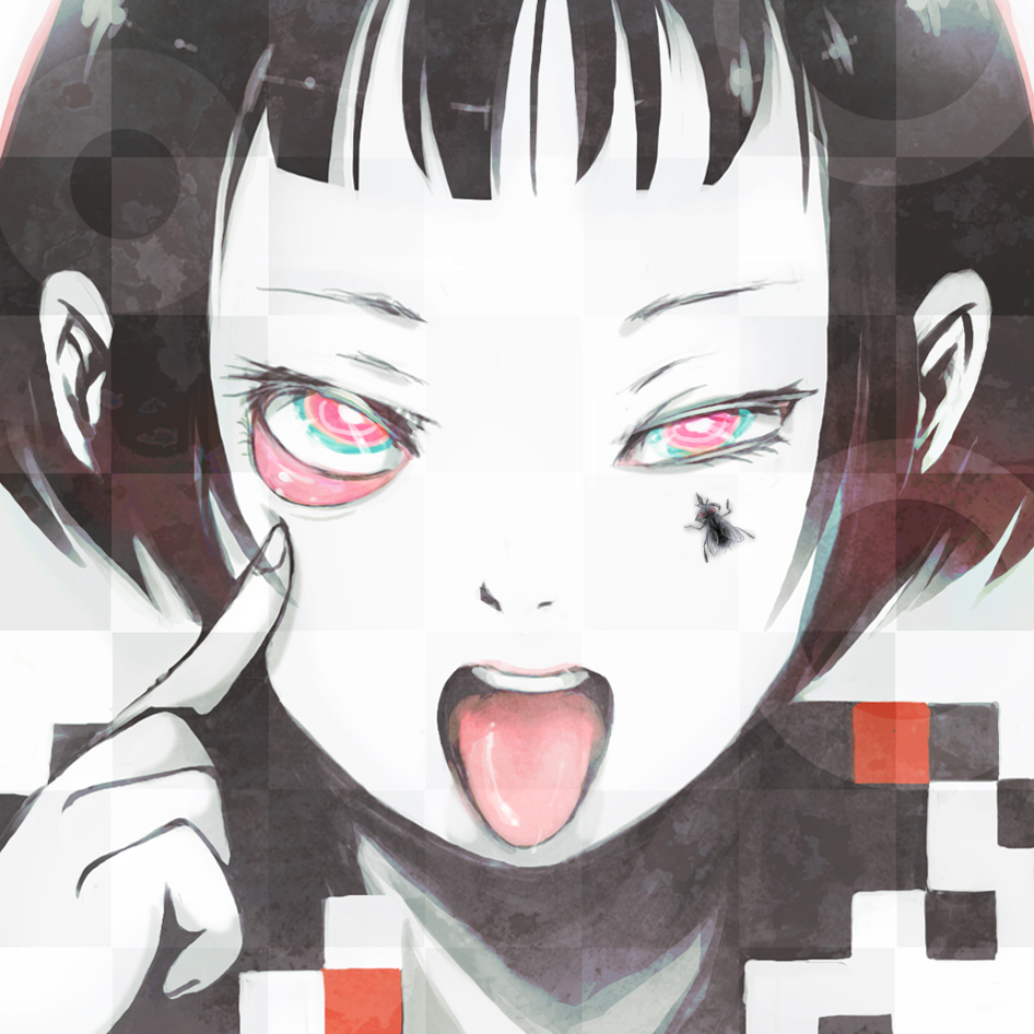 akanbe black_hair bug fly funakura insect multicolored multicolored_eyes open_mouth original short_hair solo tongue tongue_out