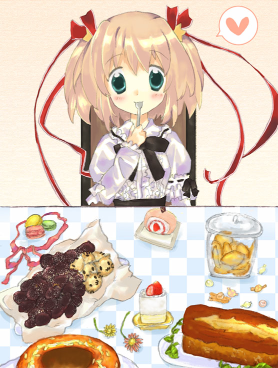 artist_request blonde_hair candy checkered dress eating food green_eyes heart kamikita_komari little_busters! macaron pastry ribbon short_hair solo twintails