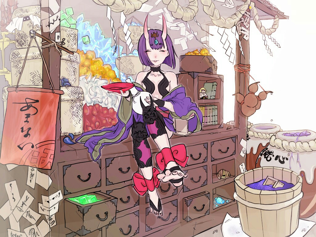 anklet barefoot barefoot_sandals basket book bow chest_of_drawers closed_eyes colorful cursive doll drawer fate/grand_order fate_(series) gem horns jewelry label merchants_chest money nunnun000nunnun oni purple_hair rope shimenawa shuten_douji_(fate/grand_order) sitting sitting_on_object smile toes tub
