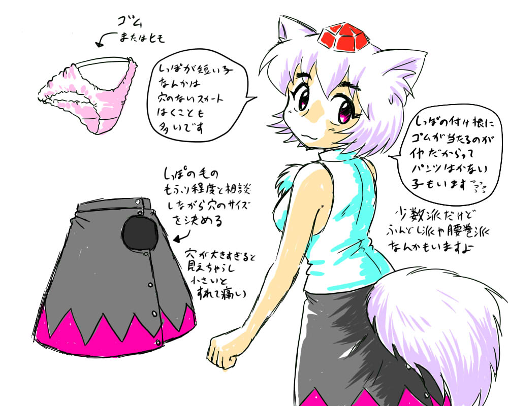 animal_ears bit_(kksbit) hat inubashiri_momiji looking_back panties solo tail tokin_hat touhou translated underwear wolf_ears wolf_tail