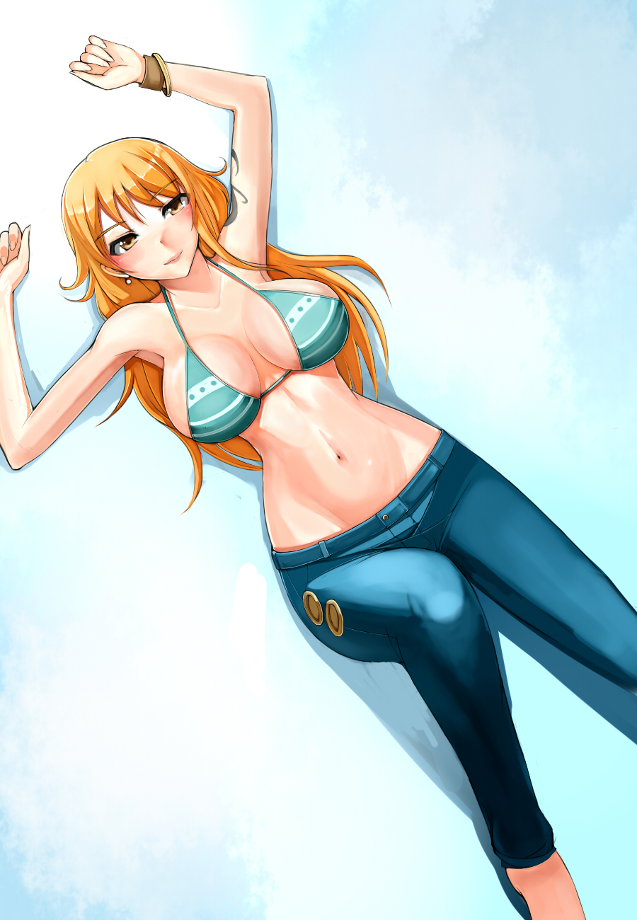 bangle bikini_top bracelet breasts brown_eyes denim earrings groin highres jeans jewelry large_breasts long_hair metalbolic nami_(one_piece) navel one_piece pants smile solo swimsuit tattoo