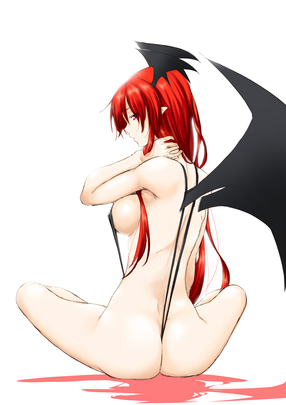 ass bat_wings breasts from_behind head_wings highres koakuma large_breasts long_hair looking_back niwatazumi pointy_ears profile red_eyes red_hair sideboob simple_background sitting slingshot_swimsuit solo swimsuit touhou very_long_hair white_background wings
