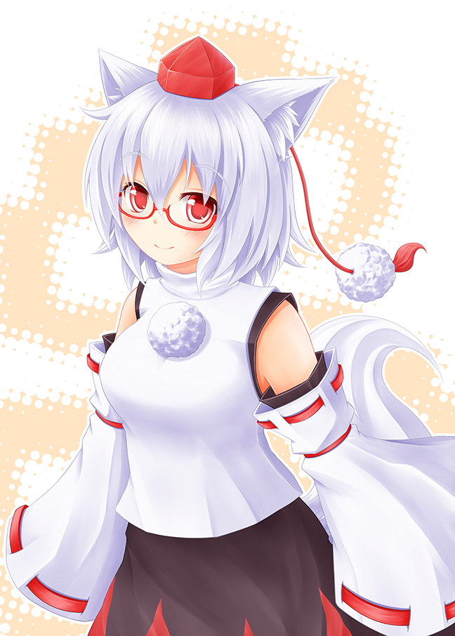 animal_ears baia bespectacled blush breasts detached_sleeves glasses hat inubashiri_momiji medium_breasts red_eyes short_hair smile solo tail tokin_hat touhou wolf_ears wolf_tail