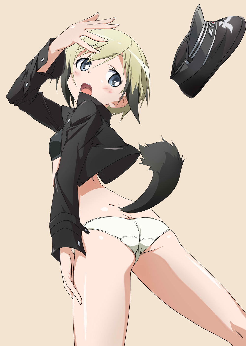 animal_ears ass black_hair blonde_hair blue_eyes blush breasts dog_tail erica_hartmann from_behind hat highres jacket looking_back magu_(syu_uhei) military military_uniform multicolored_hair open_mouth panties peaked_cap short_hair small_breasts solo strike_witches tail two-tone_hair underwear uniform white_panties wind world_witches_series