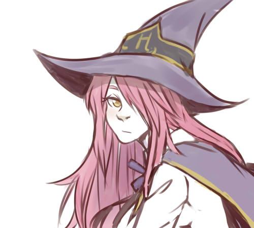 blazblue blazblue_phase_0 cape hair_over_one_eye hat konoe_a_mercury long_hair lowres pink_hair simonadventure solo upper_body witch_hat yellow_eyes