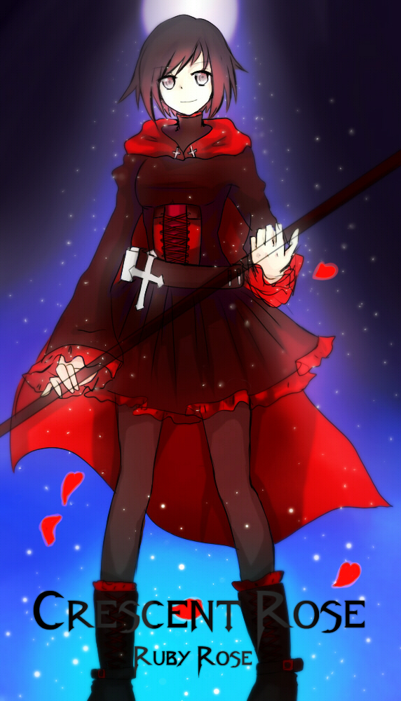 black_hair boots cape character_name crescent_rose dress full_moon gradient_hair light_smile moon multicolored_hair ochiru pantyhose petals red_hair ruby_rose rwby short_hair silver_eyes snow solo weapon weapon_name