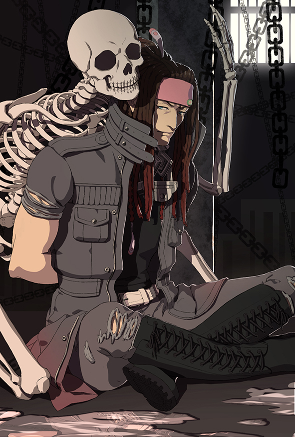 boots dramatical_murder hairlocs headband long_hair male_focus mink_(dramatical_murder) neowls sitting skeleton torn_clothes