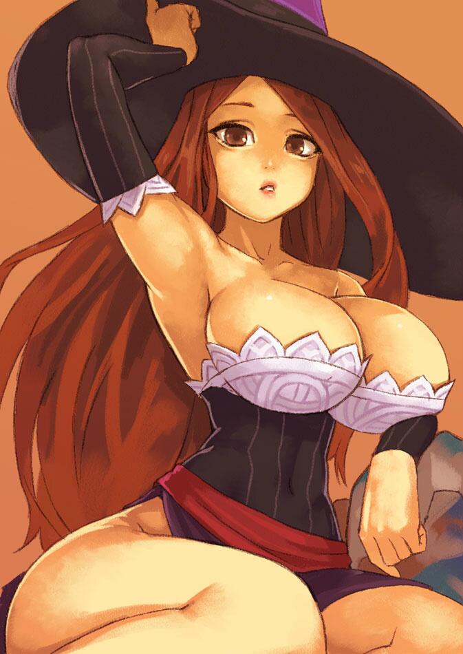 armpits bare_shoulders breasts brown_eyes brown_hair cleavage curvy detached_sleeves dragon's_crown dress hat large_breasts long_hair side_slit sitting solo sorceress_(dragon's_crown) strapless strapless_dress thighs witch_hat yokozuwari yuuji_(and)