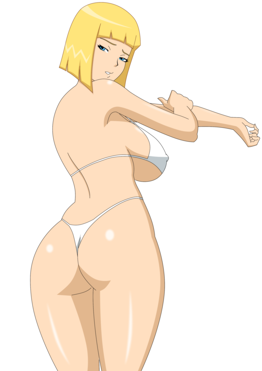 1girl ass bikini blackangel blonde_hair blue_eyes breasts highres large_breasts looking_back naruto naruto_shippuuden pervyangel samui short_hair simple_background solo swimsuit thong white_background white_bikini white_swimsuit