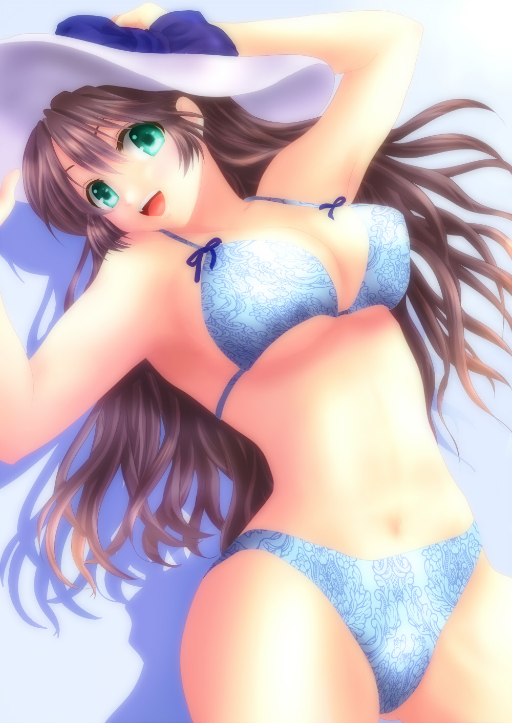 :d armpits arms_up bad_id bad_pixiv_id bikini breasts brown_hair green_eyes hat highres large_breasts long_hair open_mouth original rikutsuki smile solo swimsuit