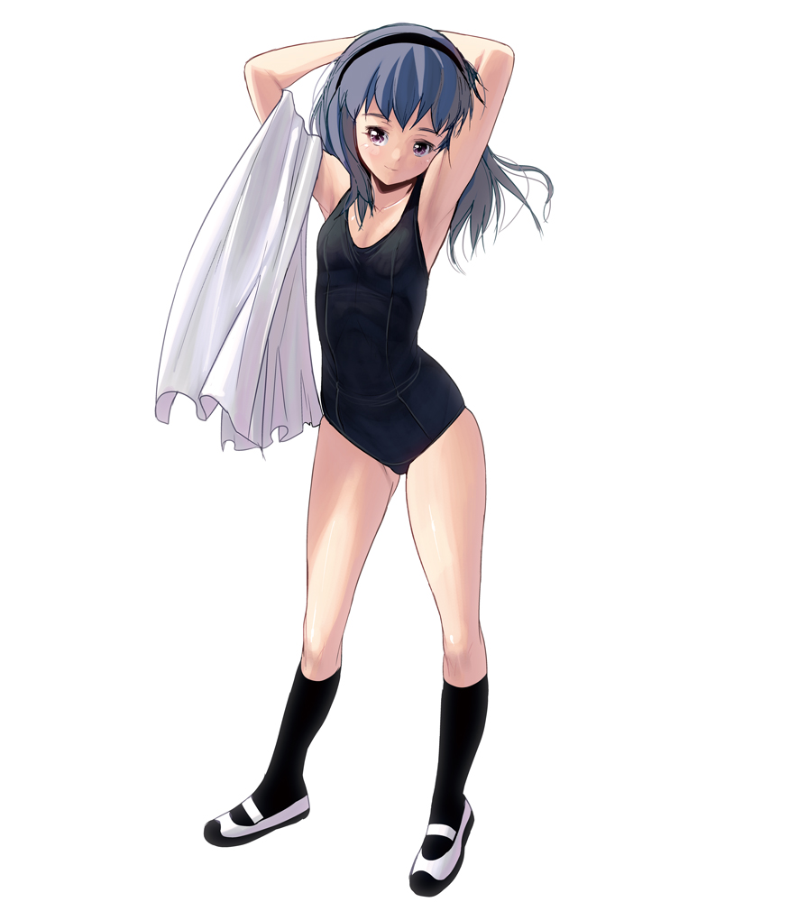 armpits arms_up black_legwear blue_eyes blue_hair brown_eyes dress_shirt flat_chest full_body grey_hair hairband head_tilt kneehighs light_smile long_hair looking_to_the_side masao one-piece_swimsuit original school_swimsuit shirt shoes simple_background skindentation socks solo swimsuit towel uwabaki white_background
