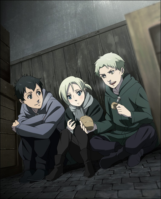 2boys :d against_wall annie_leonhardt bertolt_hoover black_hair blonde_hair blue_eyes dutch_angle grey_eyes hood hooded_sweater long_sleeves looking_to_the_side multiple_boys natuichi-7212 open_mouth reiner_braun shingeki_no_kyojin sitting smile sweater wall