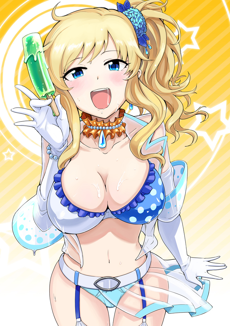 belt bikini blonde_hair blue_eyes blush bowieknife breasts choker cleavage elbow_gloves food frilled_bikini frills garter_straps gloves hair_ornament idolmaster idolmaster_cinderella_girls jewelry large_breasts long_hair looking_at_viewer navel necklace ootsuki_yui panties pendant popsicle see-through sexually_suggestive side_ponytail smile solo swimsuit thigh_gap underwear