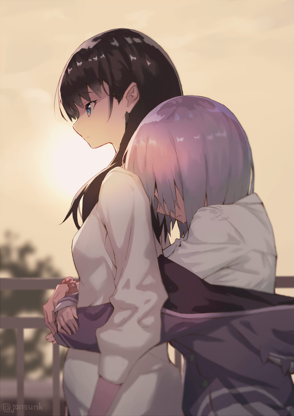 arms_around_waist bangs black_hair blue_eyes blurry blurry_background breasts cardigan closed_mouth commentary_request couple day depth_of_field eyebrows_visible_through_hair faceless faceless_female female from_side hair_between_eyes head_down highres hug hug_from_behind jacket jonsun lavender_hair leaning leaning_on_person long_hair long_sleeves multiple_girls off_shoulder orange_scrunchie outdoors profile purple_jacket railing sad scrunchie shinjou_akane shiny shiny_hair shirt short_hair sidelocks sky sleeves_past_wrists small_breasts ssss.gridman standing sun takarada_rikka twitter_username upper_body white_cardigan white_shirt wrist_scrunchie yuri