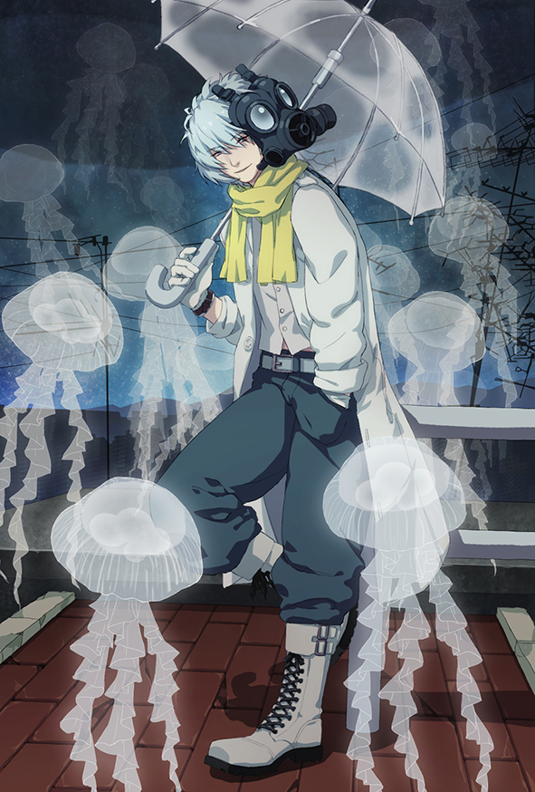 boots clear_(dramatical_murder) dramatical_murder gas_mask gloves jellyfish labcoat male_focus mask mask_removed neowls scarf smile umbrella white_hair