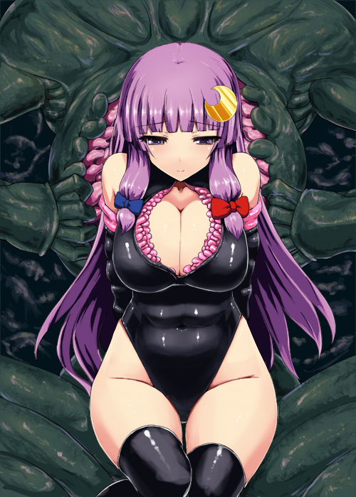 bikini black_gloves black_legwear black_leotard blush breasts cleavage cleavage_cutout covered_navel crescent crescent_hair_ornament elbow_gloves gloves hair_ornament highleg highleg_leotard highleg_swimsuit ishimiso_(ishimura) large_breasts latex leotard living_clothes long_hair one-piece_swimsuit patchouli_knowledge purple_eyes purple_hair sitting solo swimsuit tentacles thighhighs touhou