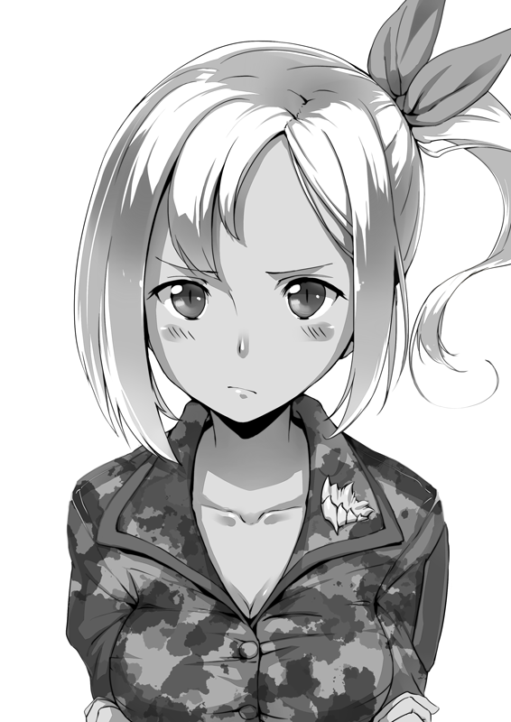 blush breasts greyscale kamome_yuu looking_at_viewer medium_breasts monochrome original short_hair simple_background solo white_background