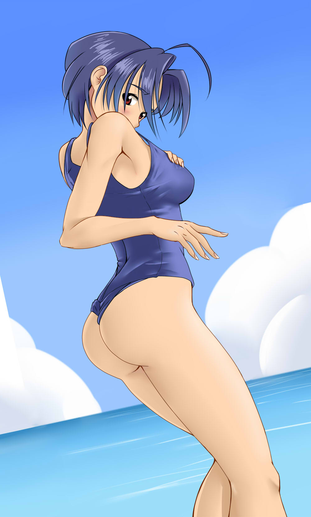 ahoge ass black_hair blue_sky blush breasts cloud day from_behind grundy highres idolmaster idolmaster_(classic) looking_back medium_breasts miura_azusa ocean one-piece_swimsuit red_eyes short_hair sky solo swimsuit wedgie