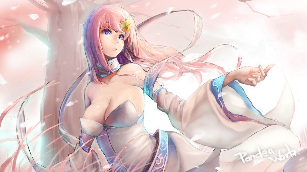 bare_shoulders blue_eyes breasts cherry_blossoms choker cleavage detached_sleeves dress gundam gundam_seed hair_ornament lacus_clyne large_breasts lips long_hair pandea_work petals pink_hair shawl solo strapless strapless_dress tree upper_body