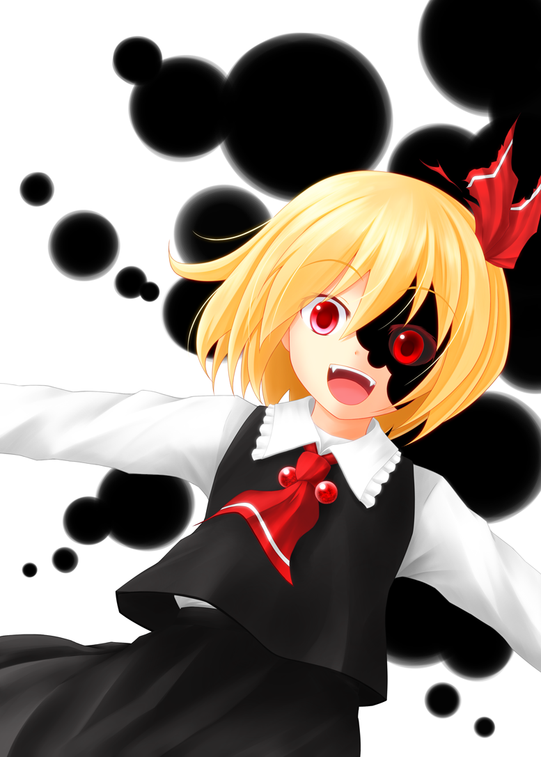 ascot baia blonde_hair looking_at_viewer open_mouth outstretched_arms red_eyes rumia short_hair simple_background smile solo touhou white_background