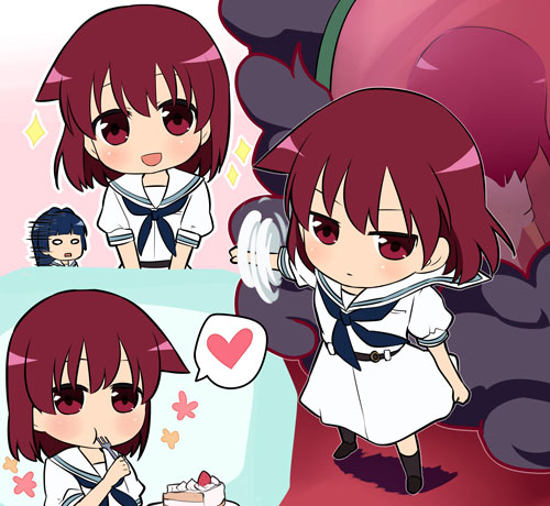 bad_id bad_pixiv_id blue_hair cake chibi eating food heart hirose_sumire io lowres mirror miyanaga_teru multiple_girls red_eyes red_hair saki saki_achiga-hen shiraitodai_school_uniform short_hair whirlwind