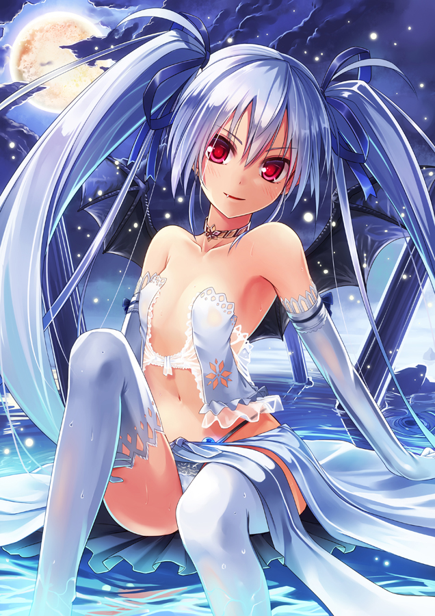 bare_shoulders blue_hair blush breasts elbow_gloves fang full_moon gloves hair_ribbon long_hair looking_at_viewer moon original panties red_eyes ribbon sitting small_breasts smile solo thighhighs twintails underwear vampire water white_legwear wings yukichin