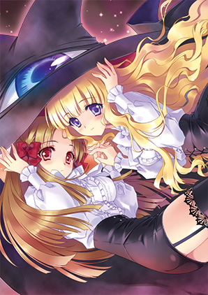azuma_hatsumi bangs black_hair blonde_hair blouse blunt_bangs bow carnelian cover dvd_cover eyes garter_straps hair_bow hair_ribbon hat holding_hands interlocked_fingers lace lace-trimmed_thighhighs lilith_(yamibou) long_hair lowres multiple_girls official_art parted_bangs purple_eyes red_eyes ribbon siblings sisters skirt thighhighs tress_ribbon witch_hat yami_to_boushi_to_hon_no_tabibito zettai_ryouiki