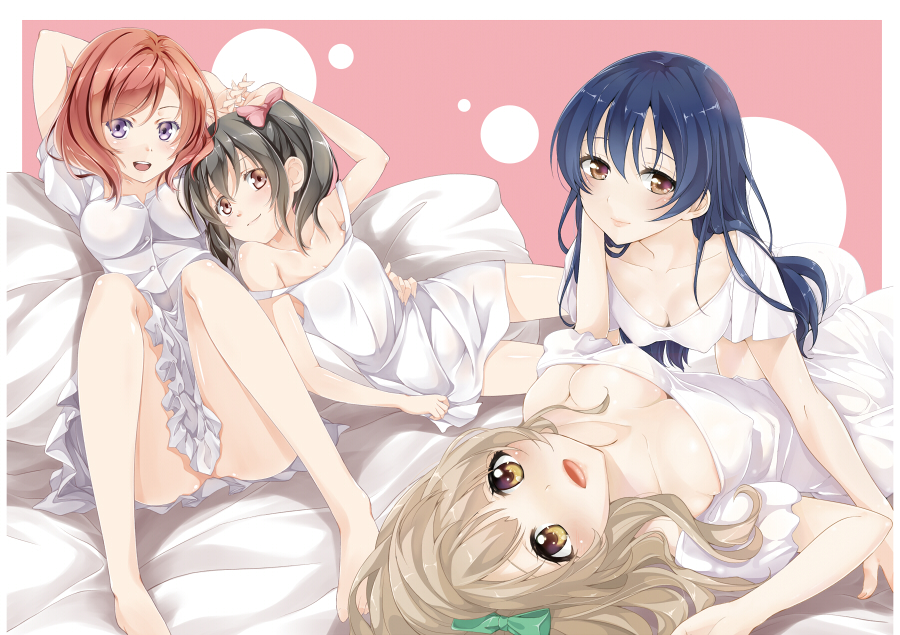 all_fours bare_shoulders barefoot black_hair blue_hair blush bow breasts brown_eyes brown_hair cleavage collaboration dress hair_bow holding_hands knees_to_chest legs long_hair long_legs looking_at_viewer love_live! love_live!_school_idol_project lying medium_breasts minami_kotori misu_kasumi multiple_girls nishikino_maki on_back on_side open_mouth purple_eyes red_hair shinohara_shinome short_hair sitting skirt smile sonoda_umi twintails white_dress yazawa_nico yuri