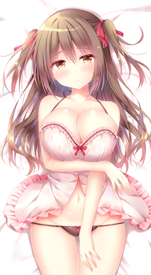 1girl arm_up babydoll bare_shoulders bed_sheet black_panties blush bow bow_panties breast_hold breasts brown_eyes brown_hair cleavage closed_mouth collarbone commentary_request frills groin hair_ribbon head_tilt large_breasts long_hair lowleg lowleg_panties lying navel on_back original panties red_ribbon ribbon solo suzukawa_yui thigh_gap two_side_up underwear very_long_hair white_babydoll