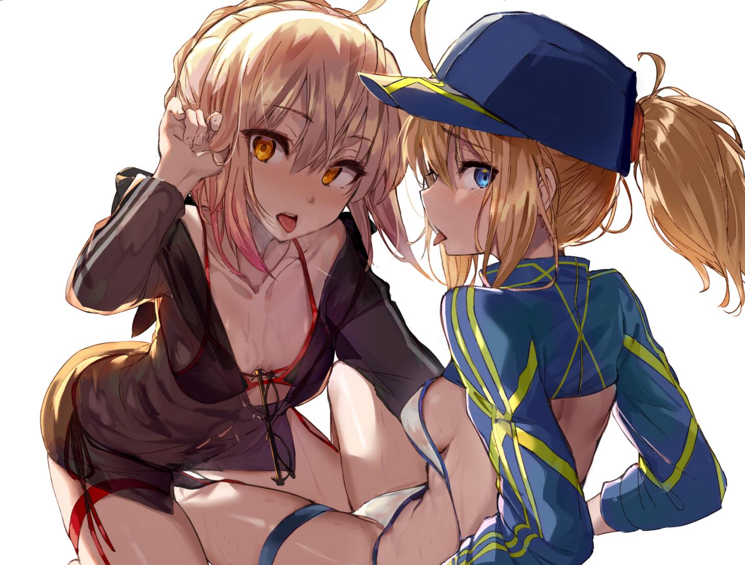 2girls after_kiss ahoge akieda all_fours artoria_pendragon_(all) backlighting baseball_cap bikini black_bikini blonde_hair blue_eyes braid breasts breath collarbone commentary_request crown_braid dutch_angle eyebrows_visible_through_hair fate/grand_order fate_(series) front-tie_bikini front-tie_top hair_tucking hat looking_at_viewer multiple_girls mysterious_heroine_x_(alter) mysterious_heroine_xx_(foreigner) orange_eyes ponytail profile saliva saliva_trail see-through short_hair side-tie_bikini sideboob sidelocks simple_background small_breasts string_bikini swimsuit thigh_strap tongue tongue_out untied untied_bikini wet white_background white_bikini yuri