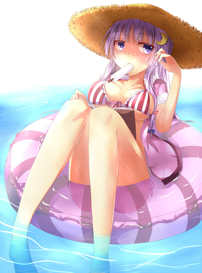 afloat bikini book breasts crescent food front-tie_top hat innertube large_breasts long_hair mouth_hold open_book patchouli_knowledge popsicle purple_eyes purple_hair ram_hachimin solo straw_hat striped sun_hat swimsuit touhou underboob vertical-striped_bikini vertical_stripes water