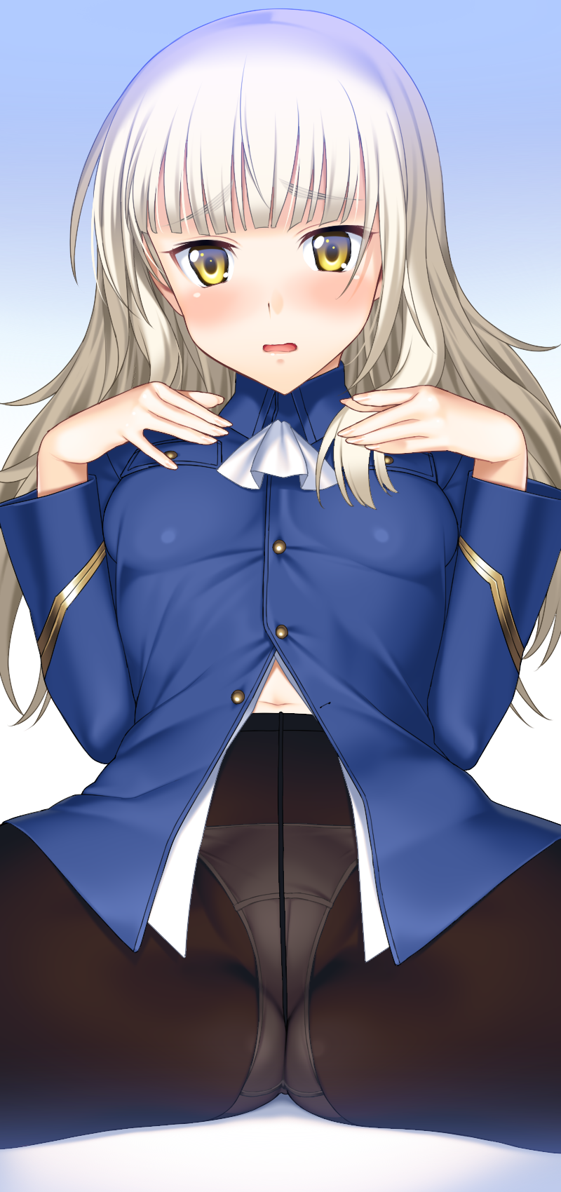 black_legwear blonde_hair blush breasts crotch_seam highres long_hair medium_breasts military no_eyewear panties panties_under_pantyhose pantyhose perrine_h_clostermann solo spread_legs strike_witches suzume_inui underwear uniform white_panties world_witches_series yellow_eyes