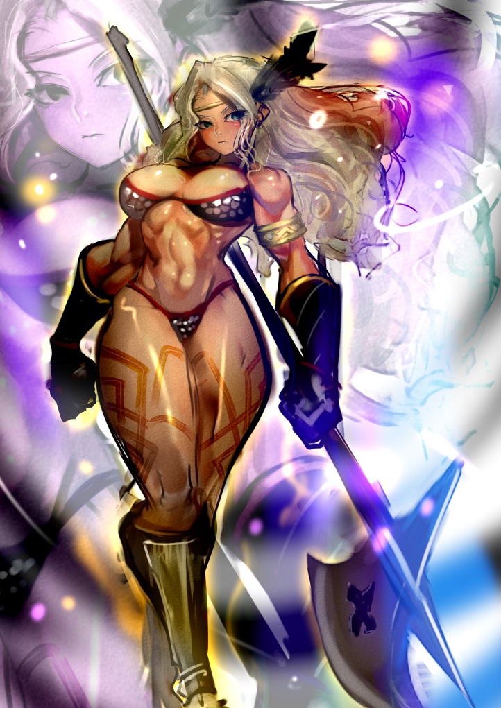 abs amazon_(dragon's_crown) armor axe bikini_armor blonde_hair boots breasts circlet dragon's_crown feathers gloves halberd jintetsu large_breasts long_hair muscle muscular_female polearm solo tattoo thick_thighs thighs weapon