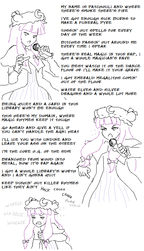 bangs banned_artist blunt_bangs commentary coughing crescent english english_commentary hat hip_hop holding holding_microphone long_hair lyrics microphone mob_cap mspaint multiple_views oekaki open_mouth patchouli_knowledge purple_hair ribbon sketch stuffman sweat touhou tumblr