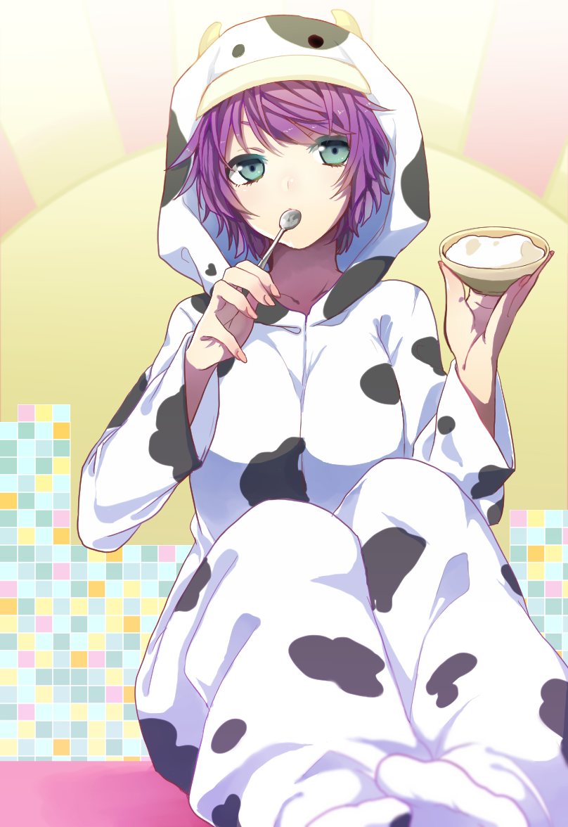 animal_costume animal_print blue_eyes bowl cow_costume cow_print curry_gohan monogatari_(series) purple_hair senjougahara_hitagi short_hair solo spoon