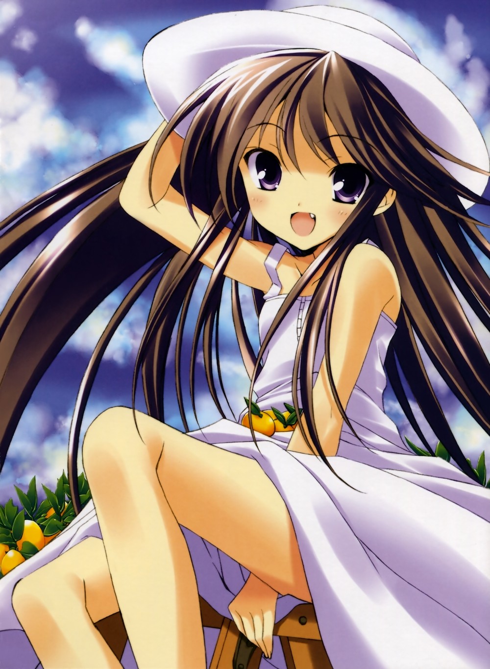 :d adjusting_clothes adjusting_hat bare_shoulders blue_eyes blue_sky brown_hair cloud copyright_request day dress fang food fruit hand_on_headwear hat highres inuzumi_masaki long_hair looking_at_viewer one-piece_swimsuit open_mouth orange outdoors sitting sky sleeveless sleeveless_dress smile solo sun_hat sundress swimsuit tareme very_long_hair