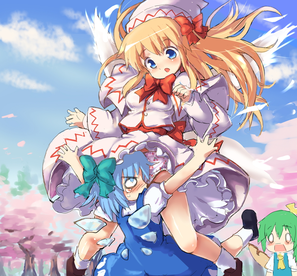 ascot between_legs blonde_hair blue_eyes blue_hair blue_sky blush bow capelet cherry_blossoms cherry_panties cherry_print cirno cloud collision daiyousei day fairy_wings food_print green_hair hair_bow hakkotsu_shitai hat hat_bow ice ice_wings lily_white long_hair long_sleeves multiple_girls o_o open_mouth panties print_panties puffy_sleeves shirt short_sleeves skirt skirt_set sky tears touhou tree underwear very_long_hair white_panties wings
