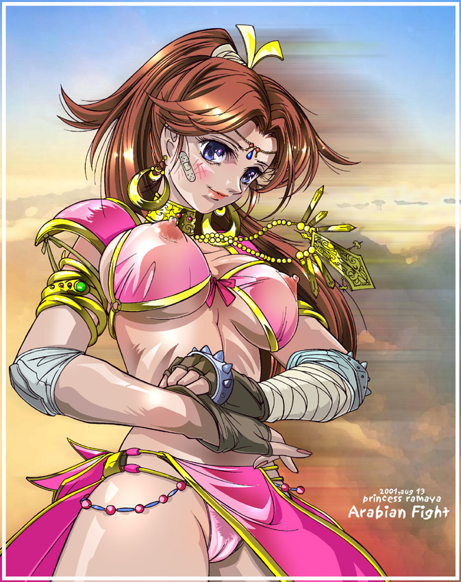 1girl arabian_fight bandage breasts brown_hair cameltoe dress fingerless_gloves gloves jewelry long_hair lots_of_jewelry midriff nipples panties pubic_hair purple_eyes ramaya see-through sega smile solo underwear